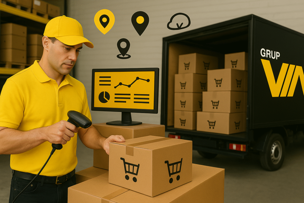 Furgoneta negra amb el logotip de Grup VIA davant d’un magatzem, amb un operari logístic descarregant paquets per a serveis d’e-commerce.