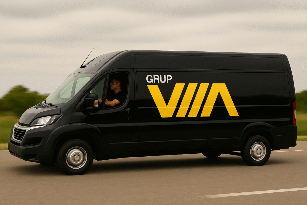Furgoneta de Grup VIA circulant per carretera oferint servei de transport urgent i enviaments especials.